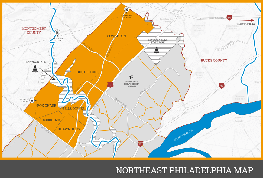 Handgetekende kaart van Noordoost-Philadelphia met de belangrijkste wijken en locaties.