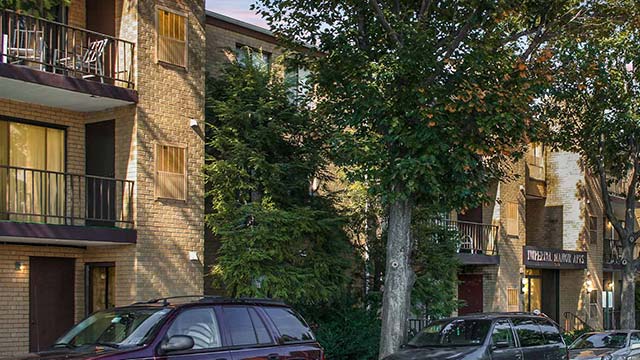 Private balconies shown on exterior of building at Imperial Manor III Apartments