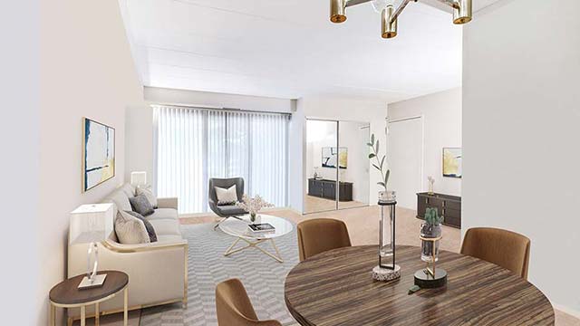 Интерьер гостиной и столовой Park Place One Apartments