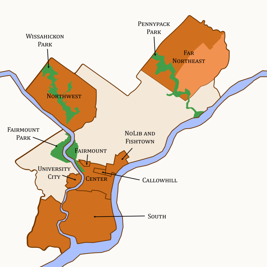 kaart van philly met algemene geografische regio's of gebieden van philly