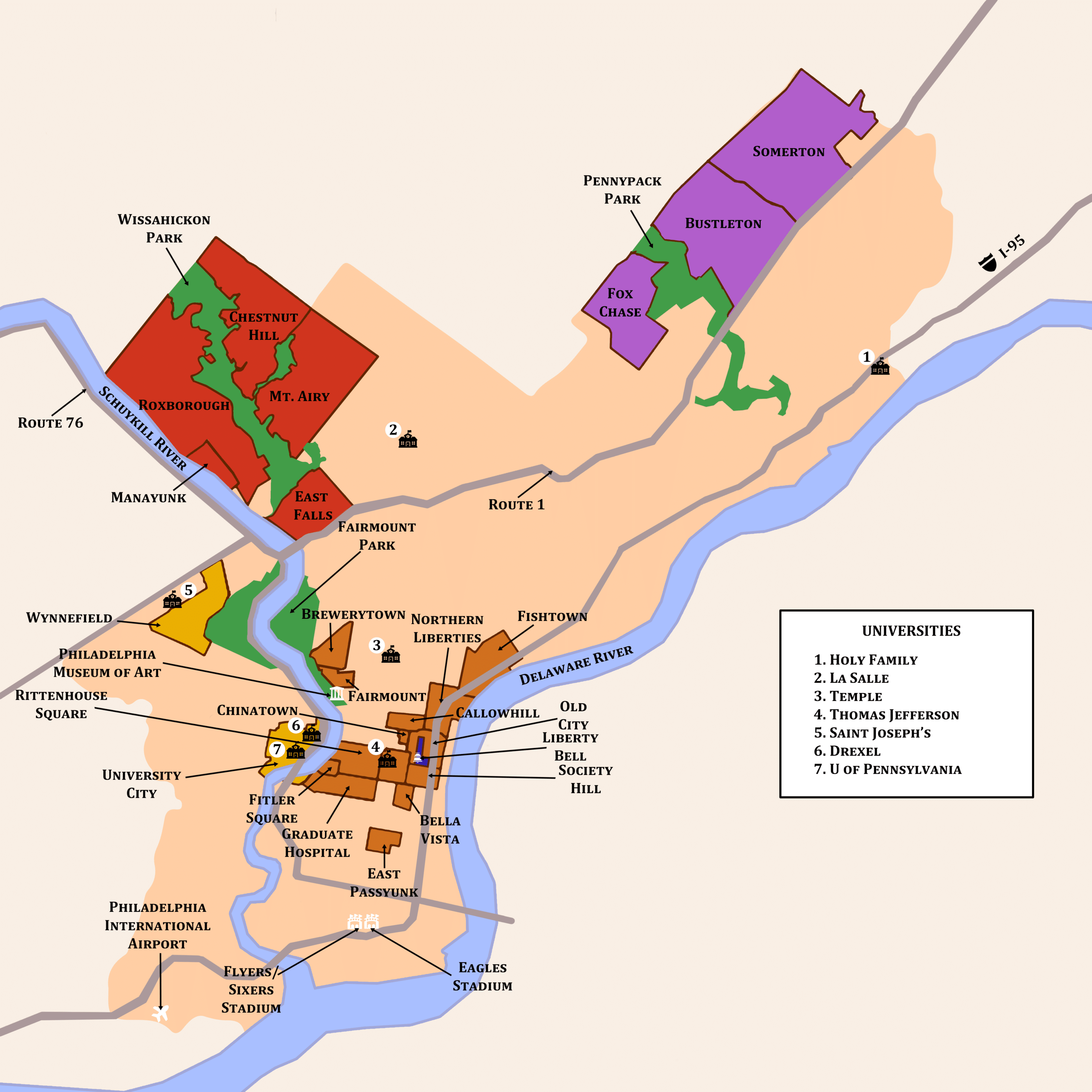 mapa de bairros na Filadélfia com universidades e principais locais culturais