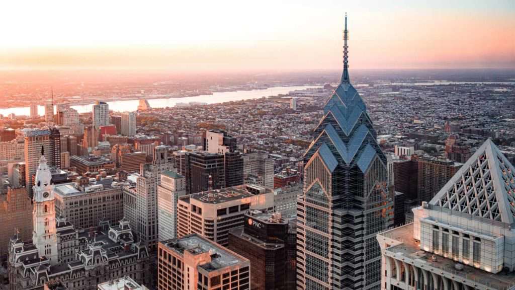 Aerial view of the Philadelphia skyline at sunset