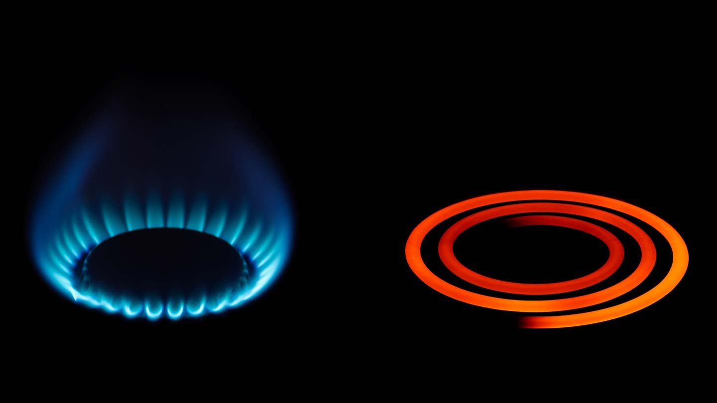 Isolated photos of gas and electric burners on a black background